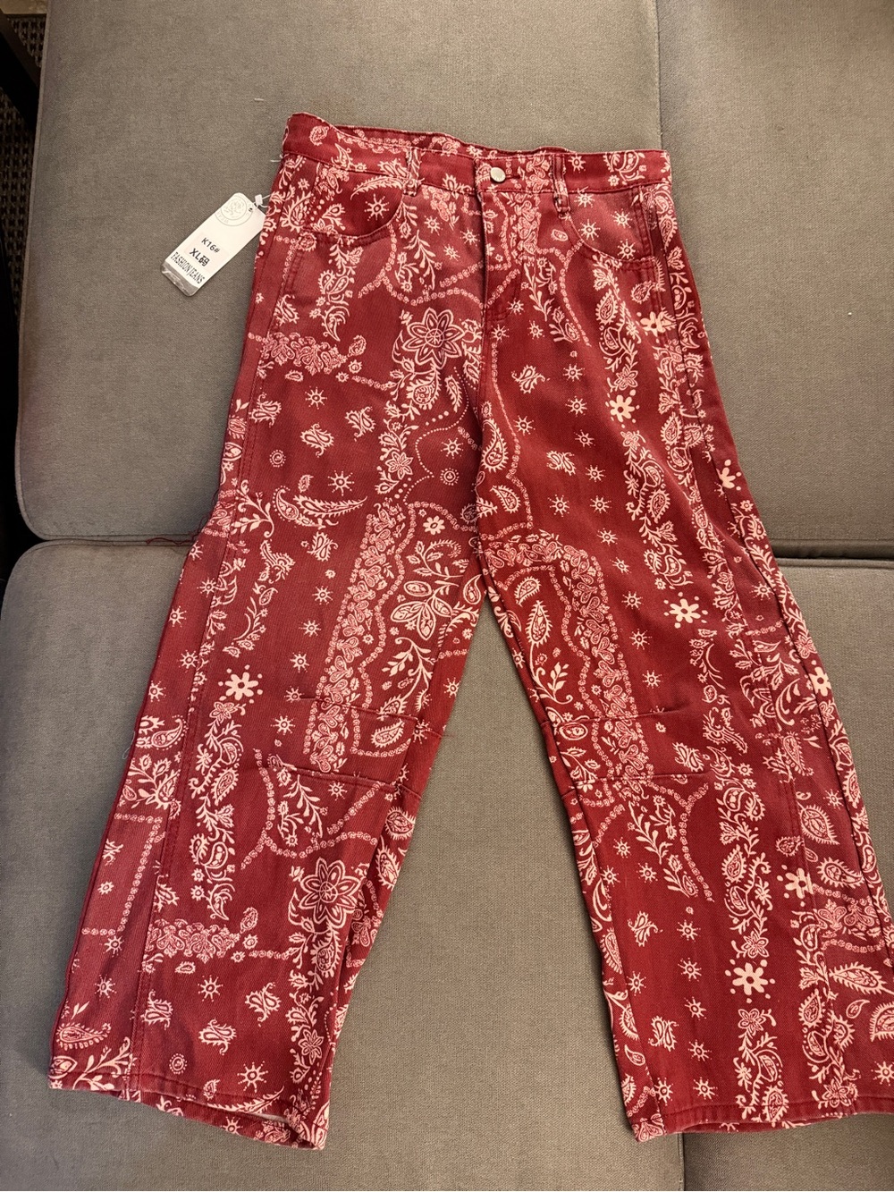 NWT Red Bandana Paisley Print Cropped Jeans Pants XL Western Y2K
